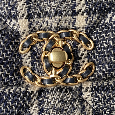 Cha.nel 19 Large Handbag Wool Tweed Gold Double C Metal Navy/Beige AS1161