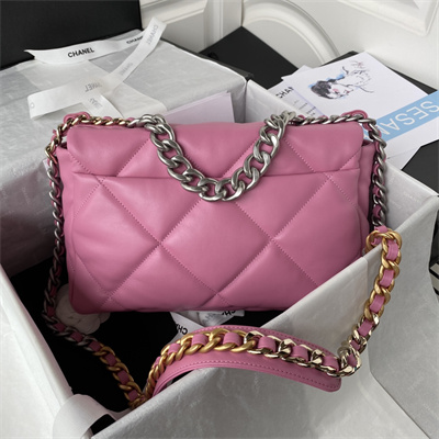 Cha.nel 19 Large Handbag Lambskin Silver Double C Metal Fuchsia Pink AS1161