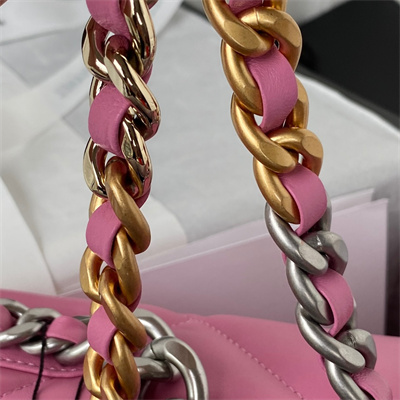 Cha.nel 19 Large Handbag Lambskin Silver Double C Metal Fuchsia Pink AS1161