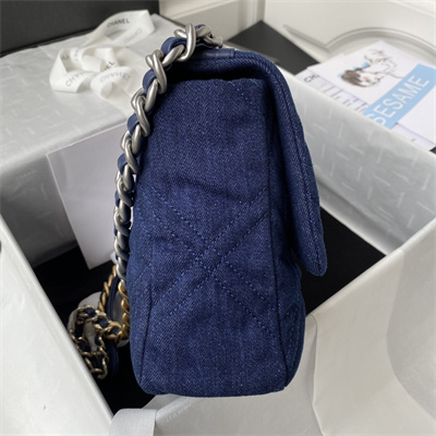 Cha.nel 19 Large Handbag Dk Denim Silver Double C Metal AS1161