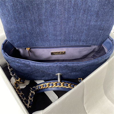 Cha.nel 19 Large Handbag Dk Denim Silver Double C Metal AS1161