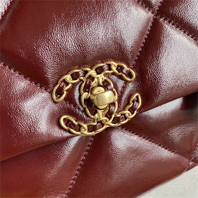 Cha.nel 19 Large Handbag Shiny Aged Calfskin Gold Double C Metal Burgundy AS1161