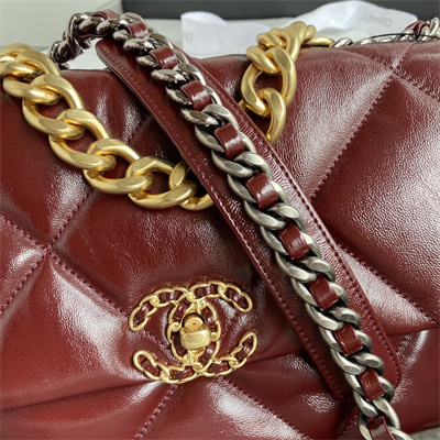 Cha.nel 19 Large Handbag Shiny Aged Calfskin Gold Double C Metal Burgundy AS1161
