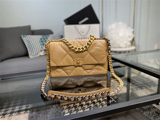 Cha.nel 19 Large Handbag Lambskin Gold Double C Metal Brown AS1161