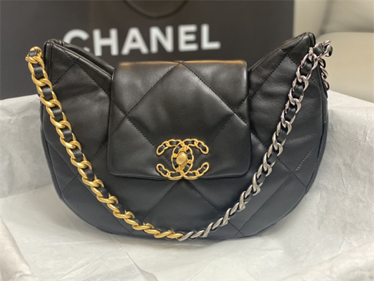 Ch*el 19 handbag hobo bag lambskin black as4638