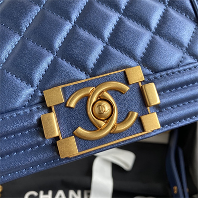 Cha.nel Small Leboy Bag Smooth Calfskin Aged Gold Metal Blue A67085