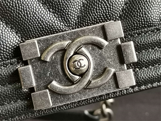 Cha.nel Small Leboy Bag Chevron Pattern Grained Calfskin Aged Silver Metal Black A67085