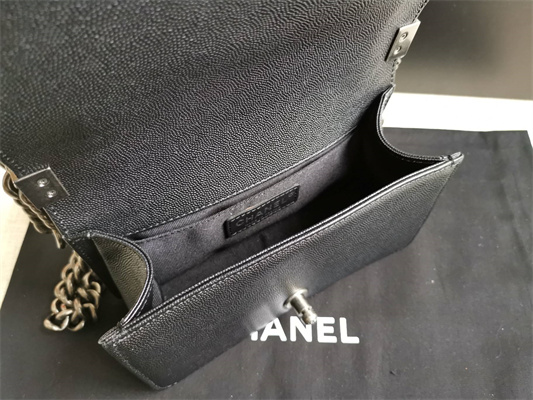 Cha.nel Small Leboy Bag Chevron Pattern Grained Calfskin Aged Silver Metal Black A67085