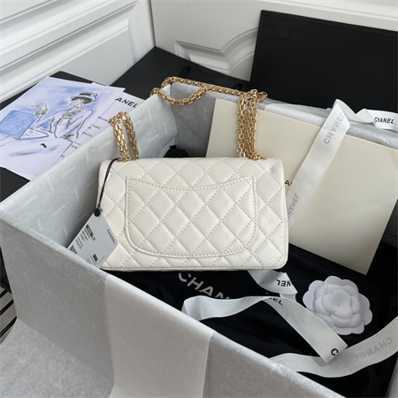 Cha.nel 2.55 Mini Handbag Aged Calfskin Gold Tone Metal White AS0874
