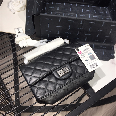 Cha.nel 2.55 Mini Handbag Aged Calfskin Silver Tone Metal Black AS0874