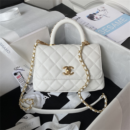 Cha.nel Mini Coco Handle Bag Grained Calfskin Aged Gold Metal White AS2215