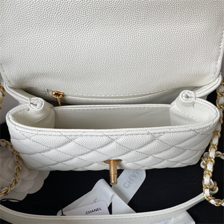 Cha.nel Mini Coco Handle Bag Grained Calfskin Aged Gold Metal White AS2215