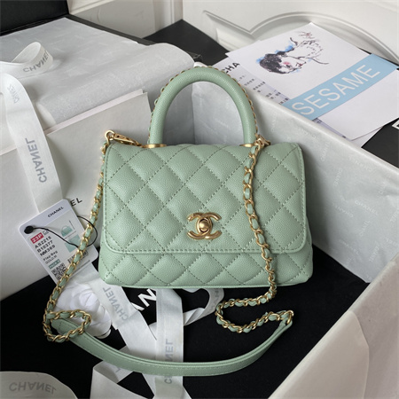 Cha.nel Mini Coco Handle Bag Grained Calfskin Aged Gold Metal Green AS2215