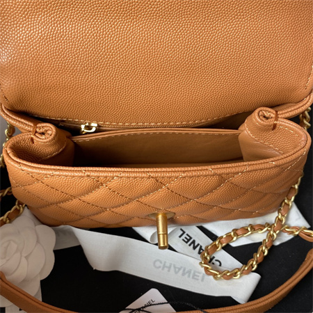 Cha.nel Mini Coco Handle Bag Grained Calfskin Aged Gold Metal Brown AS2215