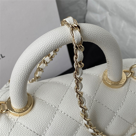Cha.nel Mini Coco Handle Bag Grained Calfskin Lt Gold Metal White AS2215