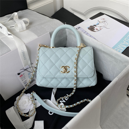 Cha.nel Mini Coco Handle Bag Grained Calfskin Lt Gold Metal Mint AS2215