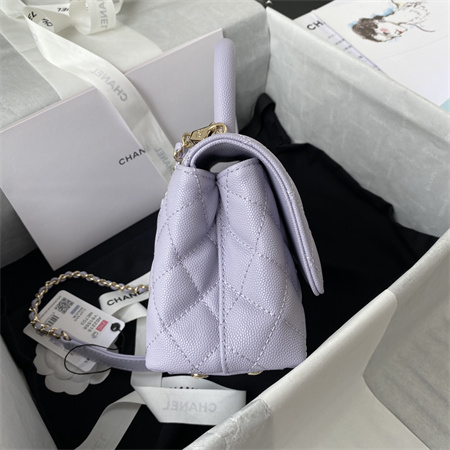 Cha.nel Mini Coco Handle Bag Grained Calfskin Lt Gold Metal Lilac AS2215
