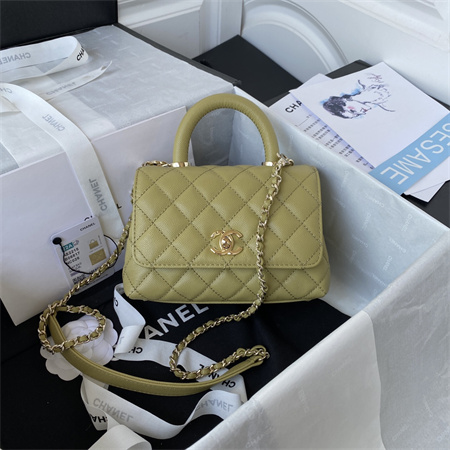 Cha.nel Mini Coco Handle Bag Grained Calfskin Lt Gold Metal Mustard Green AS2215