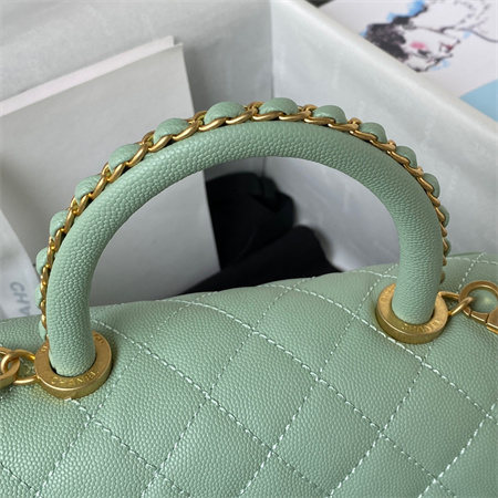 Cha.nel Small Coco Handle Bag Grained Calfskin Aged Gold Metal Green A92990