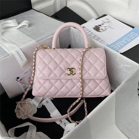 Cha.nel Small Coco Handle Bag Grained Calfskin Lt Gold Metal Pink A92990