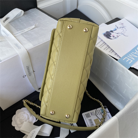 Cha.nel Small Coco Handle Bag Grained Calfskin Lt Gold Metal Mustard Green A92990