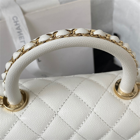 Cha.nel Small Coco Handle Bag Grained Calfskin Lt Gold Metal White A92990