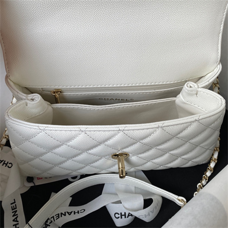Cha.nel Small Coco Handle Bag Grained Calfskin Lt Gold Metal White A92990