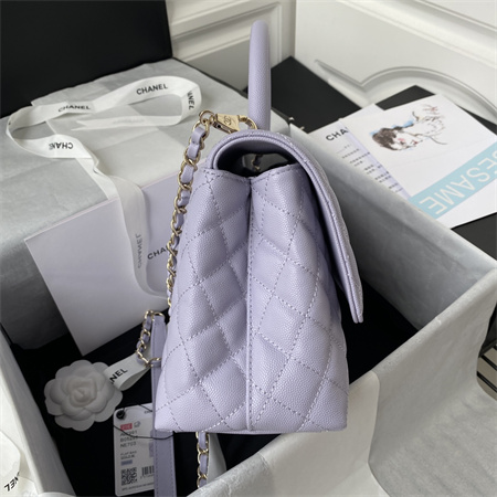 Cha.nel Large Coco Handle Bag Grained Calfskin Lt Gold Metal Lilac A92991