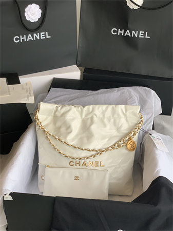 Cha.nel 22 Small Handbag Shiny Calfskin Gold Tone Metal White AS3260