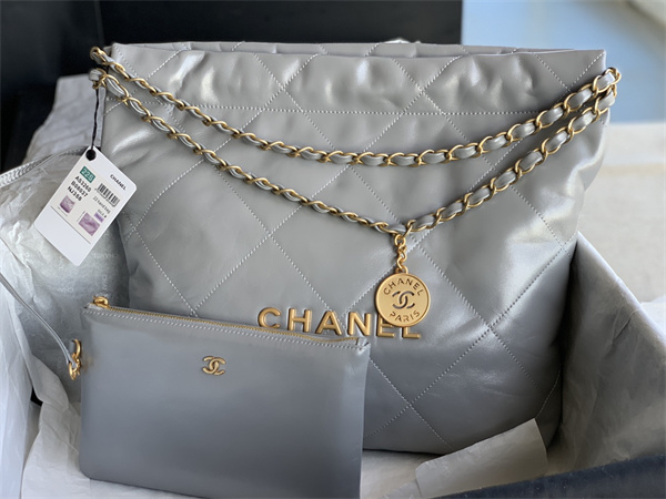 Cha.nel 22 Small Handbag Shiny Calfskin Gold Tone Metal Grey AS3260