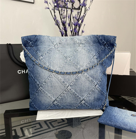 Cha.nel 22 Small Handbag Washed Denim Silver Tone Metal AS3260