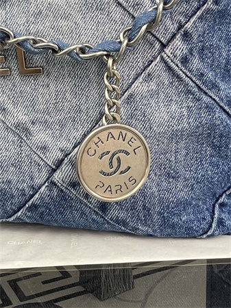Cha.nel 22 Small Handbag Washed Denim Silver Tone Metal AS3260