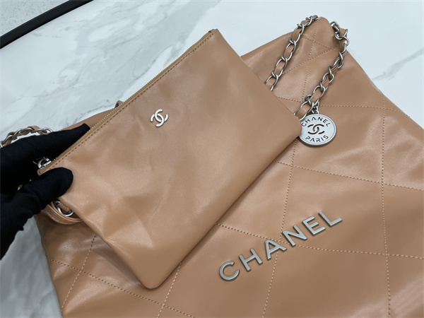 Cha.nel 22 Small Handbag Shiny Calfskin Silver Tone Metal Brown AS3260