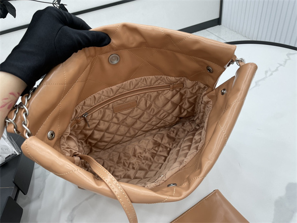 Cha.nel 22 Small Handbag Shiny Calfskin Silver Tone Metal Brown AS3260