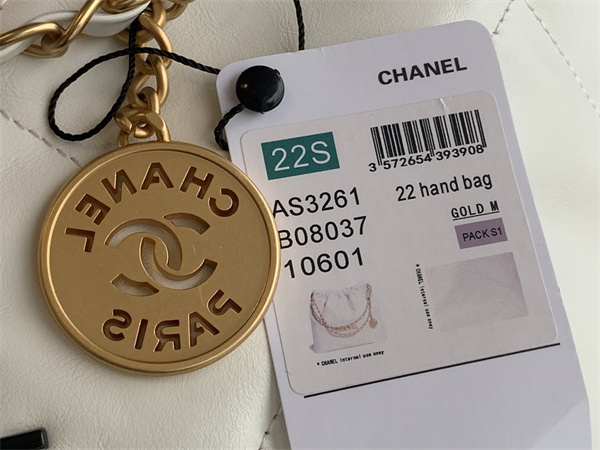 Cha.nel 22 Medium Handbag Shiny Calfskin Gold Tone Metal White AS3261