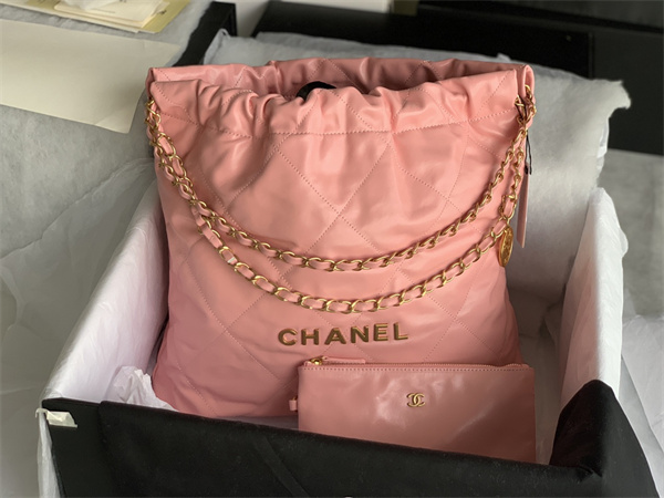 Cha.nel 22 Medium Handbag Shiny Calfskin Gold Tone Metal Pink AS3261