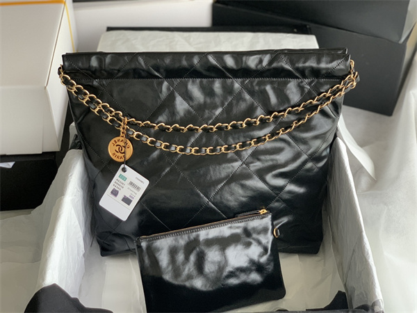 Cha.nel 22 Medium Handbag Shiny Calfskin Gold Tone Metal Black AS3261