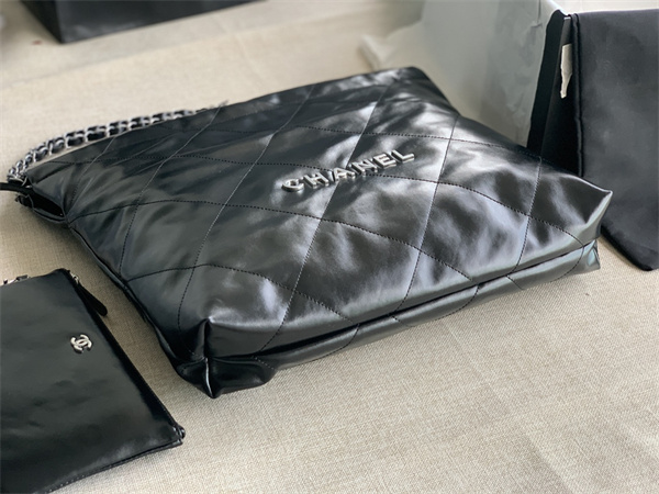 Cha.nel 22 Medium Handbag Shiny Calfskin Silver Tone Metal Black AS3261