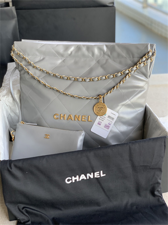 Cha.nel 22 Medium Handbag Shiny Calfskin Gold Tone Metal  Grey AS3261
