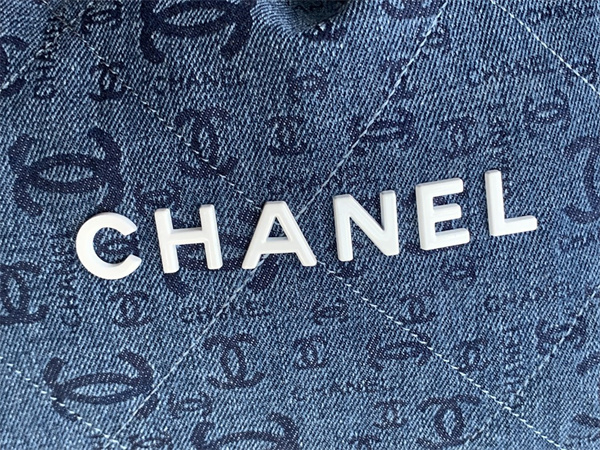 Cha.nel 22 Medium Handbag Denim Gold Tone Metal AS3261