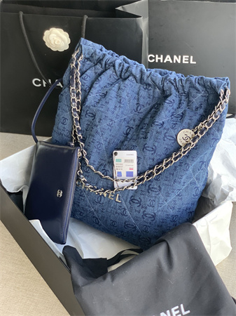 Cha.nel 22 Medium Handbag Denim Silver Tone Metal AS3261