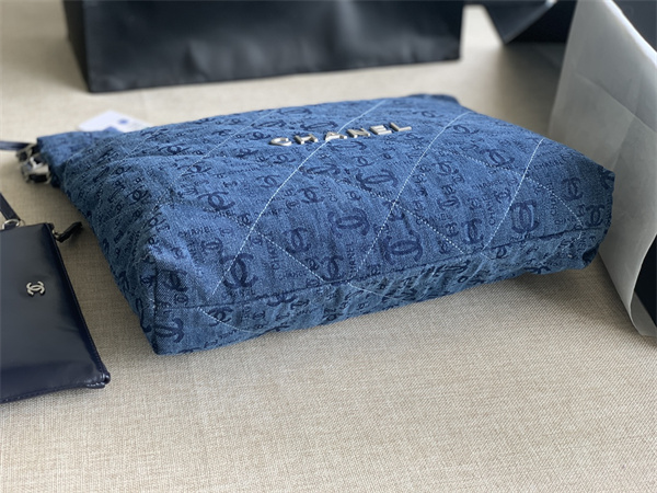 Cha.nel 22 Medium Handbag Denim Silver Tone Metal AS3261