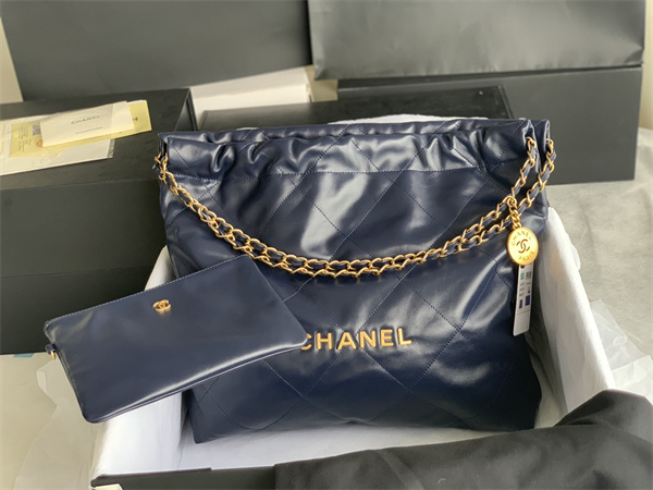 Cha.nel 22 Medium Handbag Shiny Calfskin Gold Tone Metal Navy AS3261