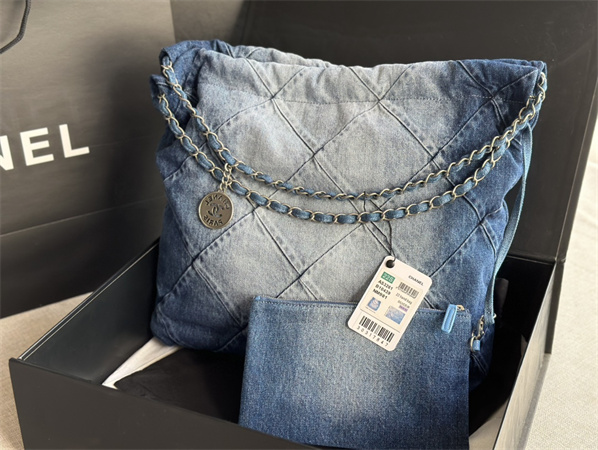 Cha.nel 22 Medium Handbag Washed Denim Silver Tone Metal AS3261