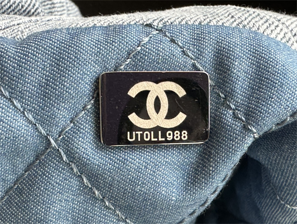 Cha.nel 22 Medium Handbag Washed Denim Silver Tone Metal AS3261