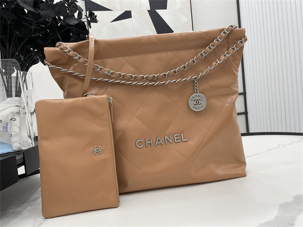 Cha.nel 22 Medium Handbag Shiny Calfskin Silver Tone Metal Brown AS3261