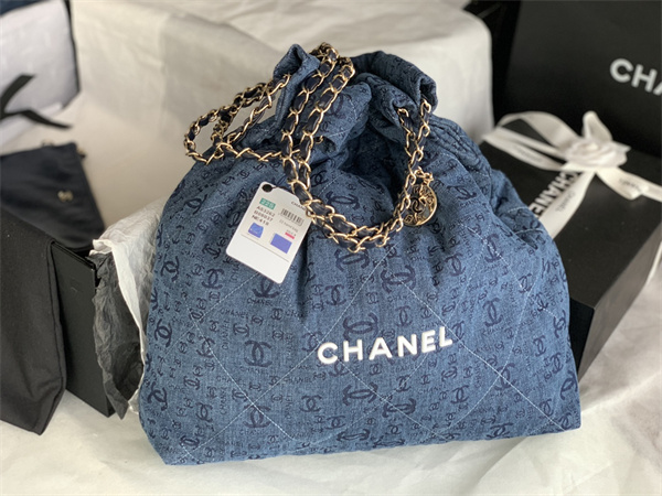 Cha.nel 22 Large Handbag Denim Gold Tone Metal AS3262