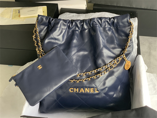 Cha.nel 22 Large Handbag Shiny Calfskin Gold Tone Metal Navy AS3262