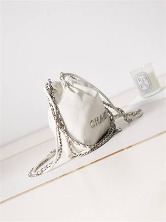 Cha.nel 22 Mini Handbag Shiny Calfskin Silver Tone Metal White AS3980