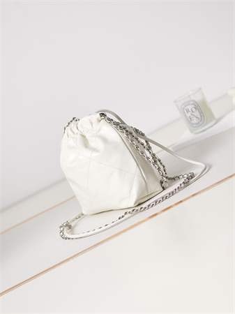 Cha.nel 22 Mini Handbag Shiny Calfskin Silver Tone Metal White AS3980